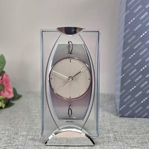 Vintage Seiko Silver Floating Dial Desk Clock QXG103SR Vintage Style Architectural Mantel Clock, Original Box Included