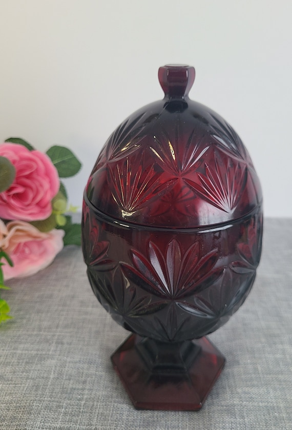 Vintage Luminarc Ruby Red Glass Egg Candy Dish with Lid, Cristal D’Arques Durand Pedestal Covered Compote, Retro 1970s French Art Glass