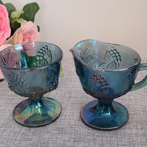 Service vintage bleu irisé récolte (raisin) sucre et crème Indiana verre 1970