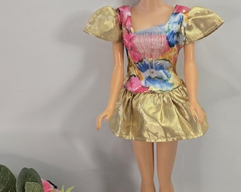 Vintage Mattel Barbie Doll Brunette 1960s 1970s Mod Fair Hair Side Glance TNT Retro Gold Metallic Floral Puff Sleeve Dress Collectible Doll