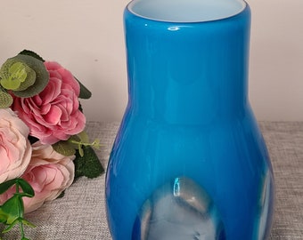 Vintage MCM Handblown Blue Bubble Cased Glass Vase 1960s 8" Tall