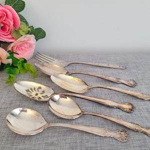 Puede incluir: Un juego de cubiertos vintage, que incluye una cuchara para servir, una cuchara ranurada, una cuchara para sopa y un tenedor. Los cubiertos están hechos de metal plateado y tienen un acabado deslustrado.