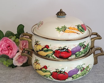 Set of 2 Vintage Enamelware Pots with Brass Lid and Handles, Veggies Design