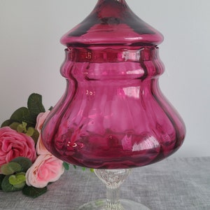 Vintage Rare Large Cranberry Glass Empoli Lidded Apothecary Jar Compote Dish
