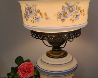 Vintage 3-way Hurricane Lamp By Accurate Casting, White With Blue Flowers  20"