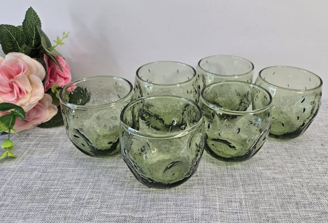 Vintage Set of 6 Blenko Style, MCM Avocado Green Rock Glass Roly Poly ...
