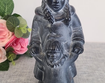 Vintage A Wolf Original Soapstone Carving, Signed WE, Inuit Couple