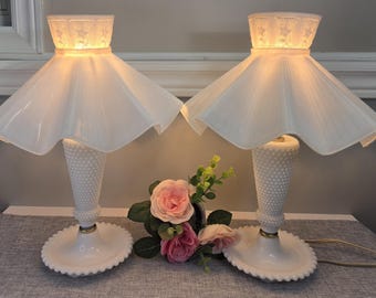 Vintage White Milk Glass Hobnail Table Parlor Lamps With Plastic Shades