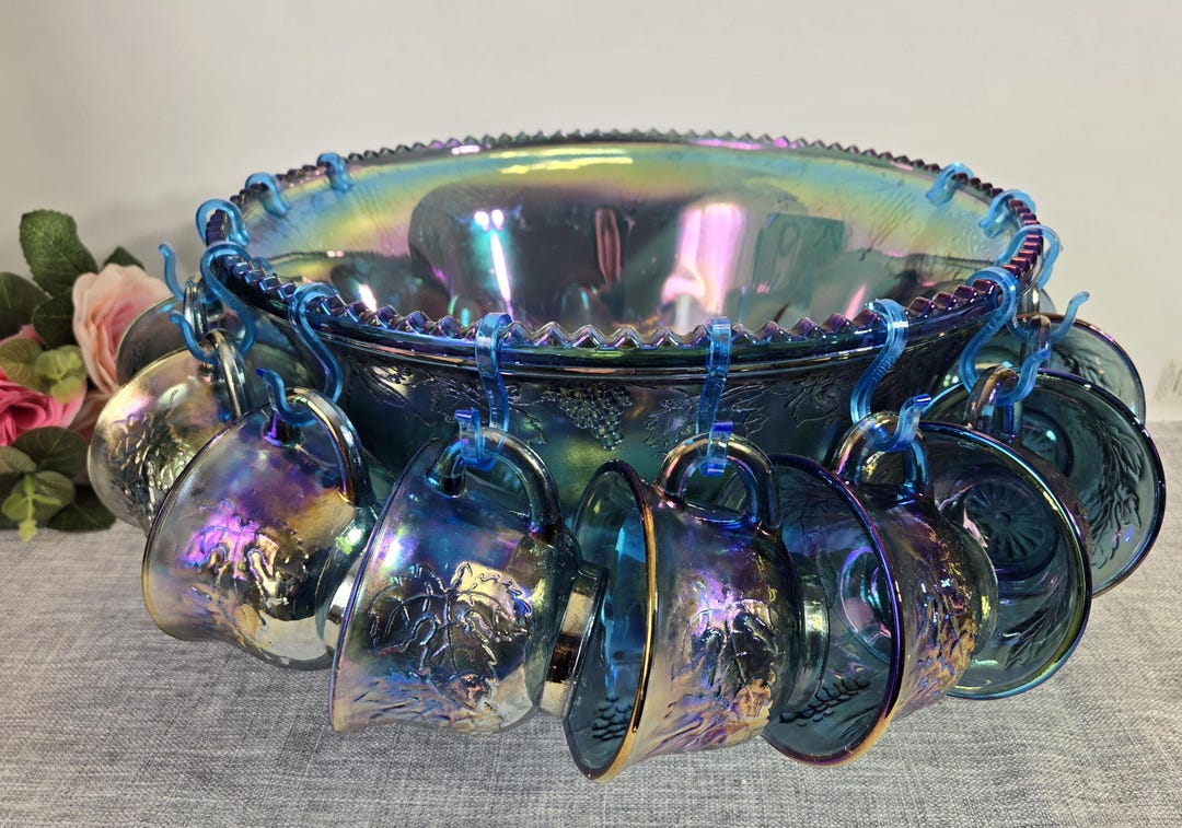 Vintage Indiana Iridescent Blue Carnival Glass Punch Bowl Full Set