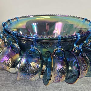 Vintage Indiana Iridescent Blue Carnival Glass Punch Bowl Full Set