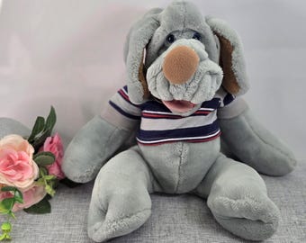 Vintage Wrinkles the Dog Plush Toy, Grey Sitting Puppy, 1985 Ganz