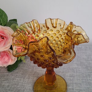 Vintage Fenton Hobnail Amber Glass Pedestal Candy Dish With Ruffled Edge