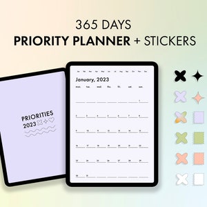 Planificateur prioritaire + autocollants - 365 jours | Numérique | Hyperlien | BonnesNotes | A4 | Imprimable | PDF