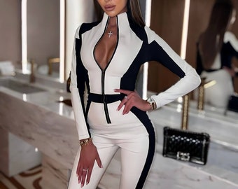 Witte lederen dames jumpsuit, slim fit bodysuit, jumpsuit met lange mouwen en fleece, leren bodycon, bodysuit dames, latex catsuit dames