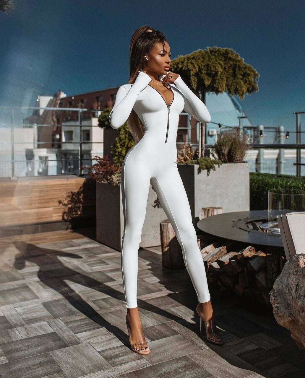 Lovefab White Jumpsuit ,V Style Full Body Bodycon, Long Sleeve Bodysuit,  Yoga Clothing, Fashion Streetwear, White Sport Clothing for Women 