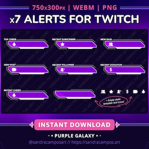Könnte beinhalten: Ein Set aus sieben violetten Twitch-Benachrichtigungen mit weißen Symbolen und Textbeschriftungen wie Top Cheer, Recent Subscriber, New Raid, New Host, Recent Follower und Recent Donation. Das Design hat einen dunklen Hintergrund mit weißem Text.