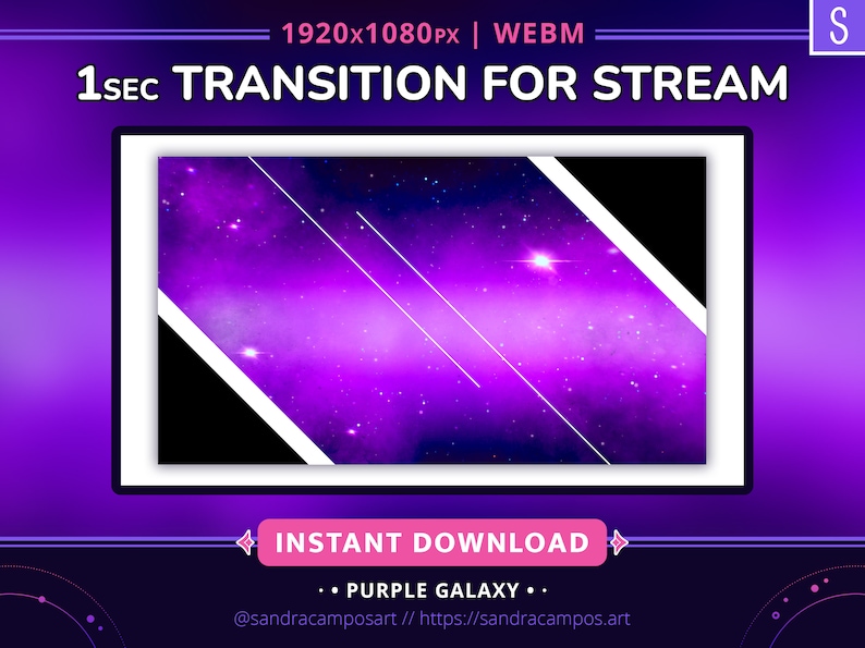 K&ouml;nnte beinhalten: Eine digitale Stream-&Uuml;bergangsgrafik mit einem leuchtend violetten Galaxie-Hintergrund, wei&szlig;en diagonalen Linien und schwarzen Akzenten in den Ecken. Der Text lautet 1920x1080px WEBM, 1SEC TRANSITION FOR STREAM, INSTANT DOWNLOAD, PURPLE GALAXY und sandracamposart.