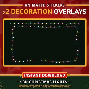 Könnte beinhalten: Zwei animierte Dekorations-Overlays mit Lichterketten in bunten Weihnachtsfarben, angeordnet in einem rechteckigen Rahmen und einer geraden Linie. Der Text lautet ANIMATED STICKERS, x2 DECORATION OVERLAYS, INSTANT DOWNLOAD, 3D CHRISTMAS LIGHTS.
