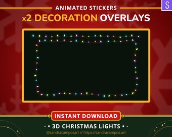Op de afbeelding: Twee geanimeerde decoratie-overlays met snoeren van veelkleurige kerstverlichting, gerangschikt in een rechthoekig kader en een rechte lijn. De tekst luidt ANIMATED STICKERS, x2 DECORATION OVERLAYS, INSTANT DOWNLOAD, 3D CHRISTMAS LIGHTS.