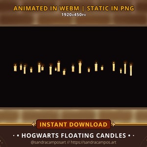 Op de afbeelding: Een digitale afbeelding met een horizontale rij van meerdere brandende kaarsen met gloeiende gele vlammen tegen een effen zwarte achtergrond. De tekst bovenaan luidt ANIMATED IN WEBM | STATIC IN PNG 1920x450PX. De tekst onderaan luidt HOGWARTS FLOATING CANDLES.