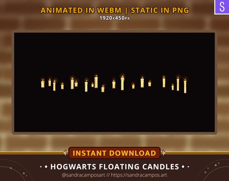 Op de afbeelding: Een digitale afbeelding met een horizontale rij van meerdere brandende kaarsen met gloeiende gele vlammen tegen een effen zwarte achtergrond. De tekst bovenaan luidt ANIMATED IN WEBM | STATIC IN PNG 1920x450PX. De tekst onderaan luidt HOGWARTS FLOATING CANDLES.