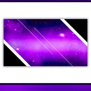 K&ouml;nnte beinhalten: Eine digitale Grafik f&uuml;r Streaming mit einem violetten Galaxie-Hintergrund, Sternen und Nebeln. Das Design enth&auml;lt wei&szlig;e diagonale Linien, schwarze Ecken und den Text 1SEC TRANSITION FOR STREAMING, INSTANT DOWNLOAD sowie PURPLE GALAXY.