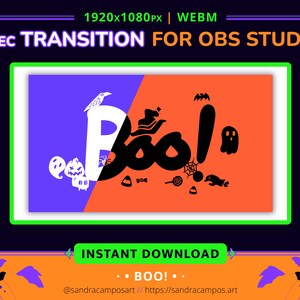 Könnte beinhalten: Ein 1920x1080px WEBM 1-Sekunden-Übergang für OBS Studio mit einem geteilten violetten und orangen Hintergrund. Das Wort Boo! wird mit einem weißen B und schwarzen oo-Buchstaben angezeigt. Halloween-Symbole umfassen einen Raben, Geister, einen Kürbis, ein Spinnennetz, Süßigkeiten und eine Fledermaus.