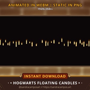 Op de afbeelding: Een digitale afbeelding met een horizontale rij van meerdere brandende kaarsen tegen een effen zwarte achtergrond. De tekst bovenaan luidt ANIMATED IN WEBM | STATIC IN PNG 1920x350PX. De tekst onderaan luidt INSTANT DOWNLOAD HOGWARTS FLOATING CANDLES.