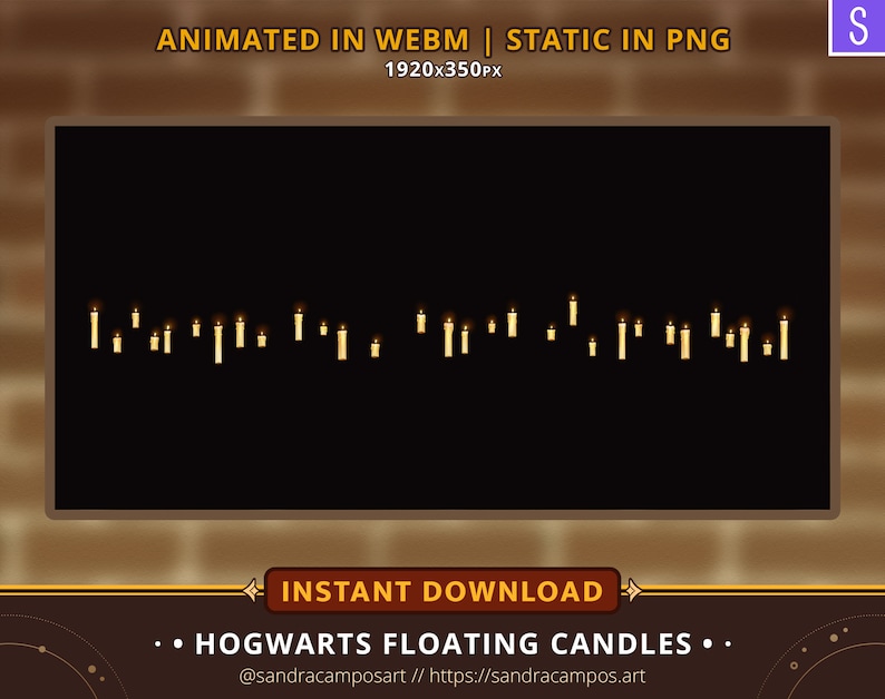 Op de afbeelding: Een digitale afbeelding met een horizontale rij van meerdere brandende kaarsen tegen een effen zwarte achtergrond. De tekst bovenaan luidt ANIMATED IN WEBM | STATIC IN PNG 1920x350PX. De tekst onderaan luidt INSTANT DOWNLOAD HOGWARTS FLOATING CANDLES.