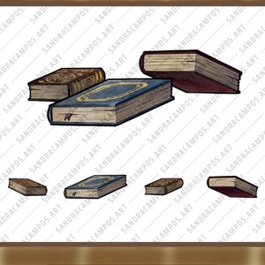 K&ouml;nnte beinhalten: Ein digitales Grafikset mit dem Titel x10 ANIMATED DECORATION OVERLAYS mit Illustrationen verschiedener B&uuml;cher in unterschiedlichen Ausrichtungen. Der Text INSTANT DOWNLOAD und FLOATING BOOKS erscheint unten mit der URL sandracampos.art.