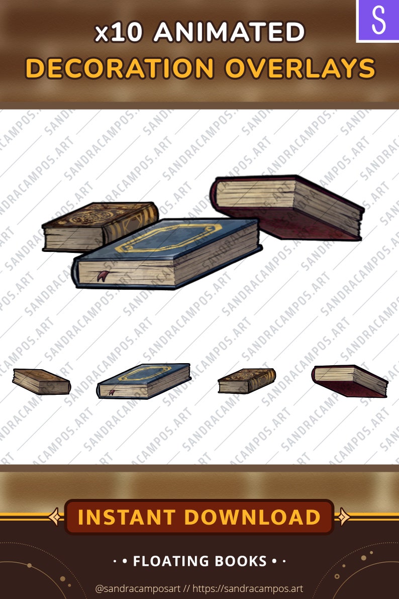 K&ouml;nnte beinhalten: Ein digitales Grafikset mit dem Titel x10 ANIMATED DECORATION OVERLAYS mit Illustrationen verschiedener B&uuml;cher in unterschiedlichen Ausrichtungen. Der Text INSTANT DOWNLOAD und FLOATING BOOKS erscheint unten mit der URL sandracampos.art.