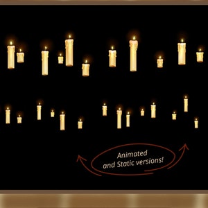 Op de afbeelding: Digitale decoratie-overlays voor Twitch met meerdere zwevende kaarsen met gloeiende vlammen tegen een zwarte achtergrond. De tekst luidt x2 DECORATION OVERLAYS FOR TWITCH, Animated and Static versions!, INSTANT DOWNLOAD en HOGWARTS FLOATING CANDLES.