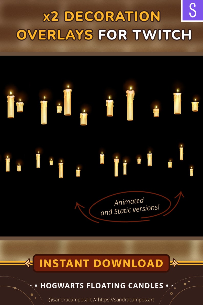 Op de afbeelding: Digitale decoratie-overlays voor Twitch met meerdere zwevende kaarsen met gloeiende vlammen tegen een zwarte achtergrond. De tekst luidt x2 DECORATION OVERLAYS FOR TWITCH, Animated and Static versions!, INSTANT DOWNLOAD en HOGWARTS FLOATING CANDLES.