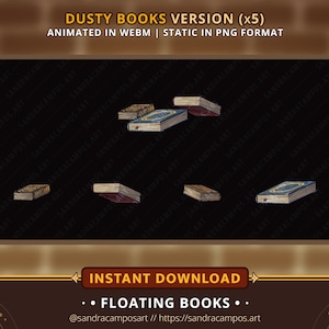 K&ouml;nnte beinhalten: F&uuml;nf illustrierte B&uuml;cher in verschiedenen Positionen vor einem dunklen Hintergrund. Der Text lautet DUSTY BOOKS VERSION (x5), ANIMATED IN WEBM | STATIC IN PNG FORMAT, INSTANT DOWNLOAD, FLOATING BOOKS und sandracamposart // https://sandracampos.art.