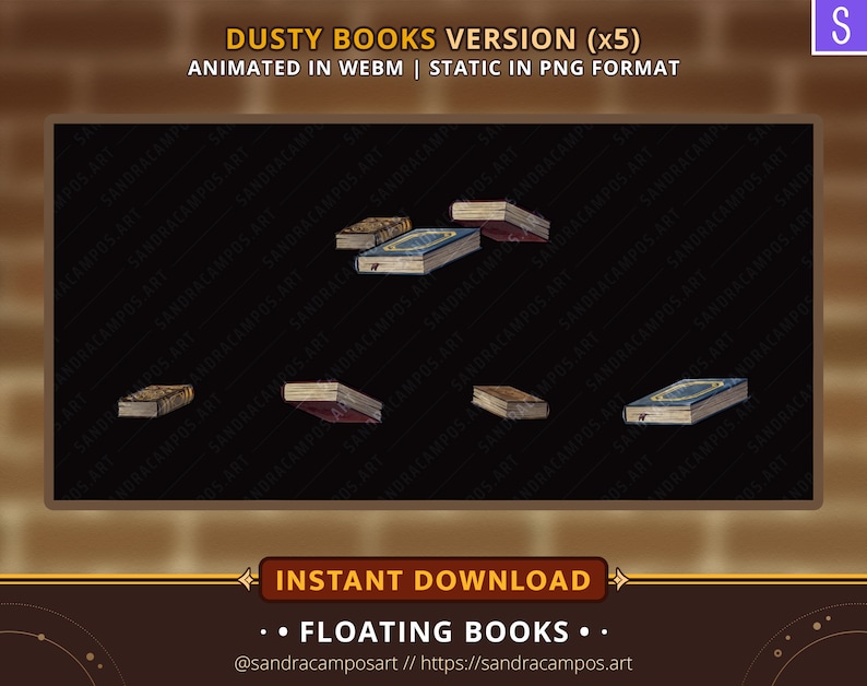 K&ouml;nnte beinhalten: F&uuml;nf illustrierte B&uuml;cher in verschiedenen Positionen vor einem dunklen Hintergrund. Der Text lautet DUSTY BOOKS VERSION (x5), ANIMATED IN WEBM | STATIC IN PNG FORMAT, INSTANT DOWNLOAD, FLOATING BOOKS und sandracamposart // https://sandracampos.art.