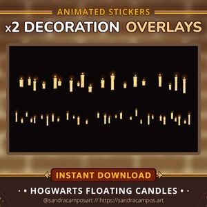 Puede incluir: Pegatinas animadas con dos superposiciones decorativas de múltiples velas flotantes con llamas brillantes sobre un fondo negro. El texto dice: ANIMATED STICKERS x2 DECORATION OVERLAYS INSTANT DOWNLOAD HOGWARTS FLOATING CANDLES.