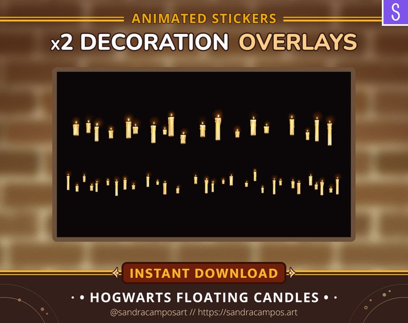 Op de afbeelding: Geanimeerde stickers met twee decoratie-overlays van meerdere zwevende kaarsen met gloeiende vlammen tegen een zwarte achtergrond. De tekst luidt: ANIMATED STICKERS x2 DECORATION OVERLAYS INSTANT DOWNLOAD HOGWARTS FLOATING CANDLES.