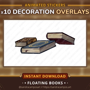 Zauberer Vermächtnis, Animierte Stream Dekoration Overlays, Floating Books, Twitch Stickers, OBS Studio Individualisierung, Dusty Books, Cozy Streamer Bild 1