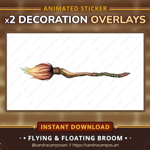 May include: An animated sticker featuring a brown wooden broom with a light-colored straw brush head. The broom handle has a twisted, natural texture with dark brown leather-like bindings wrapped around the center and the handle grip area.