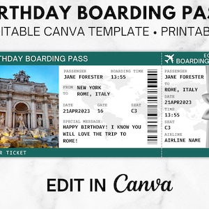 Editable Birthday Boarding Pass Canva Template, Surprise Ticket Printable, Wedding Save the Date Boarding Pass