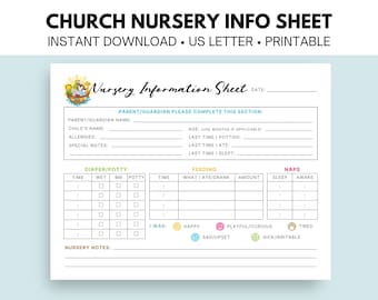 CHURCH NURSERY INFORMATION Sheet, Noah's Ark, Sign In Sheet