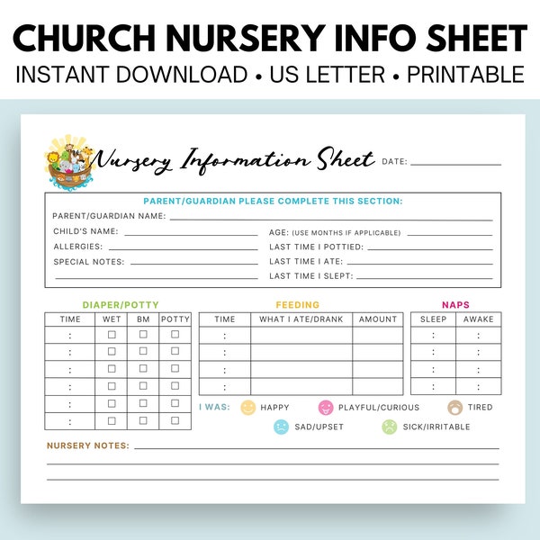 CHURCH NURSERY INFORMATION Sheet, Noah's Ark, Sign In Sheet