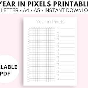 Year In Pixels Printable, Bullet Journal Page, Mood Tracker Planner Insert, Fillable Pdf, US Letter, A4, A5, A6 Size