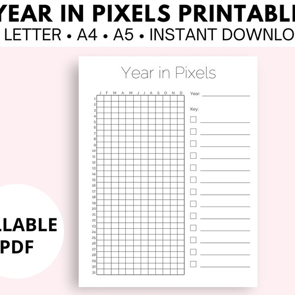 Year In Pixels Printable, Bullet Journal Page, Mood Tracker Planner Insert, Fillable Pdf, US Letter, A4, A5, A6 Size