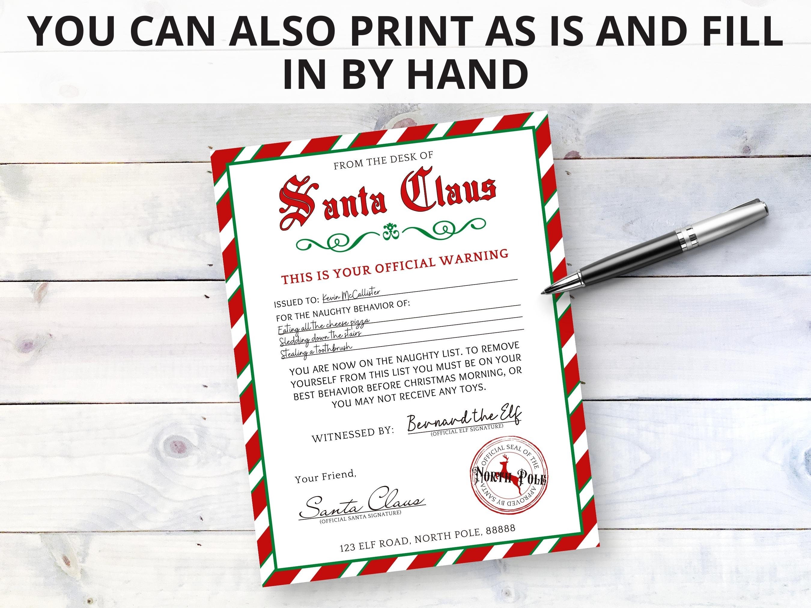 EDITABLE Warning Letter From Santa Printable Naughty List - Etsy Hong Kong