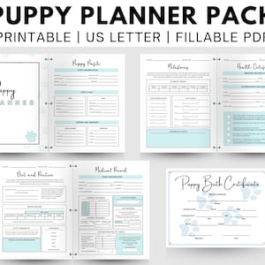 Puppy Planner Pack afdrukbaar voor nieuwe mannelijke puppy, bewerkbare PDF, inclusief geboorteakte van puppy