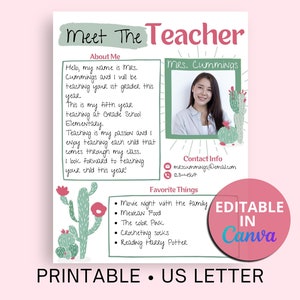 Cactus Meet The Teacher Canva Plantilla imprimible, foto editable, texto editable