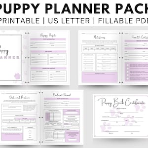 Puppy Planner Pack afdrukbaar voor nieuwe vrouwelijke puppy, bewerkbare PDF, inclusief geboorteakte van puppy