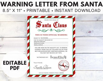EDITABLE Warning Letter From Santa Printable, Naughty List, Instant ...