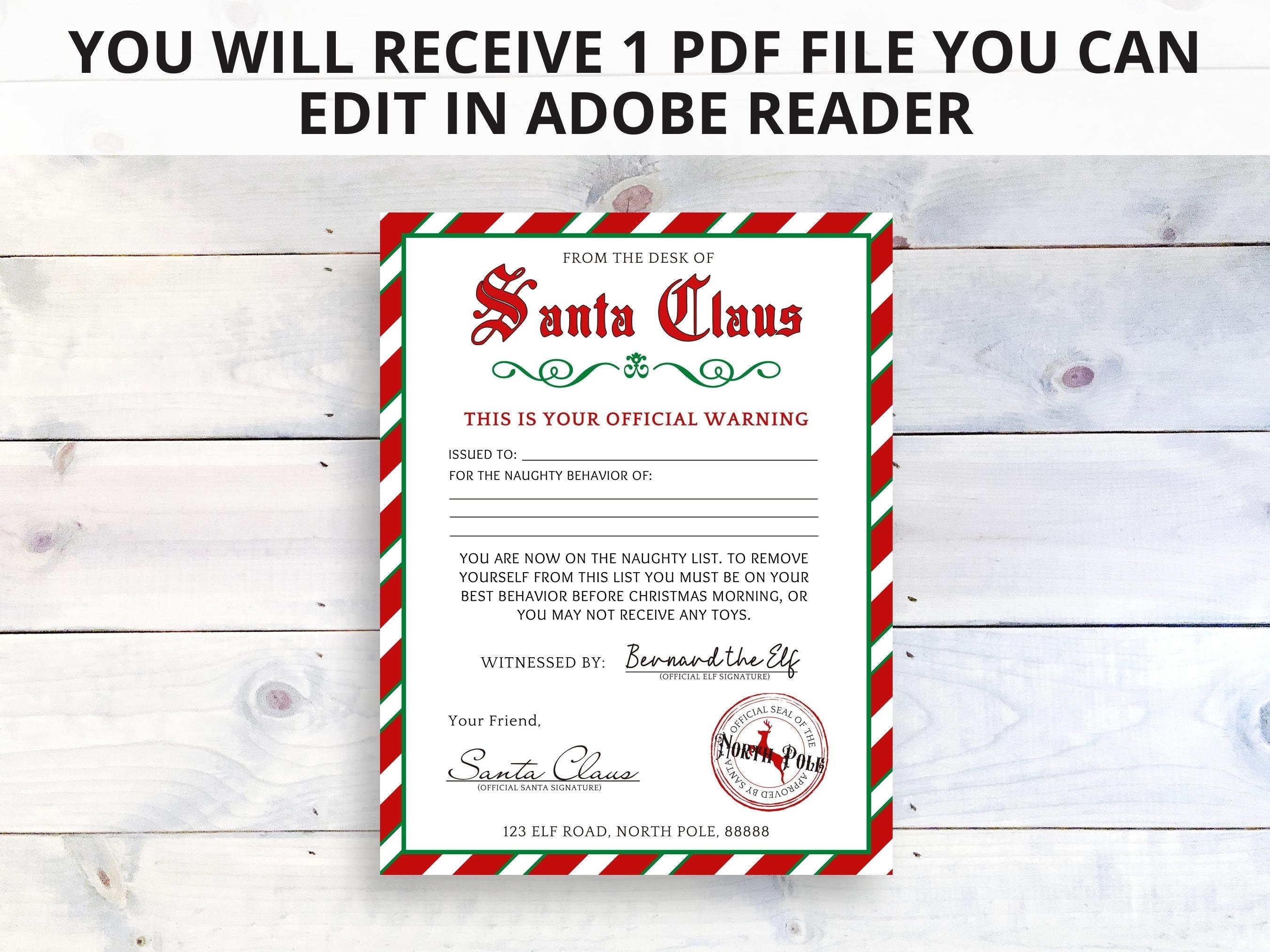 EDITABLE Warning Letter From Santa Printable Naughty List - Etsy Hong Kong